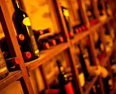 a bunch of bottles of wine on a shelf at Hotel Elefant in Ora/Auer