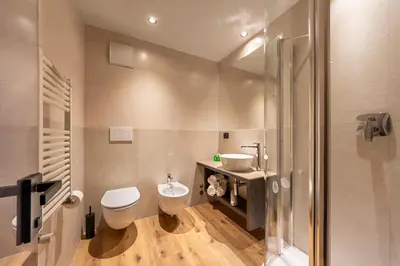 a bathroom with a toilet and a sink at Hotel Faloria in Moena