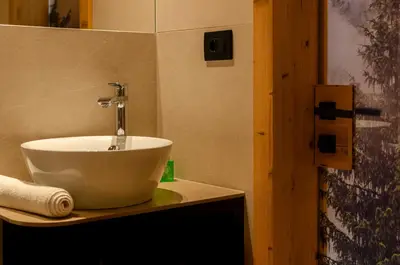 a bathroom with a bowl sink on a counter at Hotel Faloria in Moena