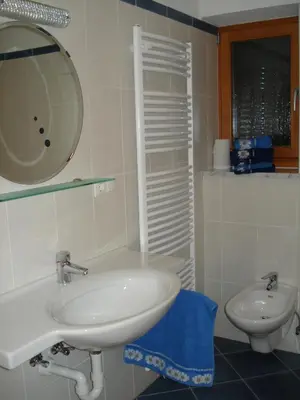 a bathroom with a sink and a mirror and a toilet at Thalerhof in Prenn