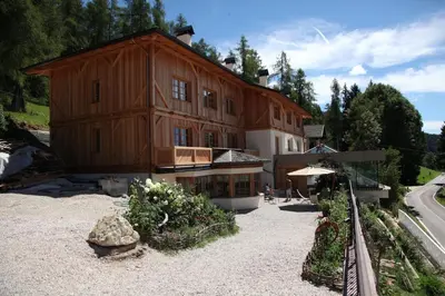 a large wooden building in a yard with some plants at Hotel Alle Ciaspole in Fondo