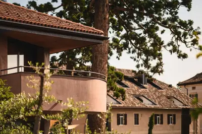 a building with a tree in front of a house at Villa Baronessa in Caldaro