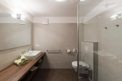 a bathroom with a sink and a toilet and a mirror at Apparthotel Zunneler in Schenna
