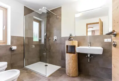 a bathroom with a shower and a sink and a toilet at Lerchnhof in Valdaora
