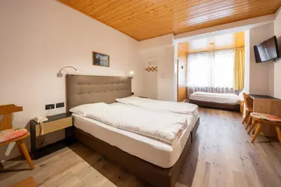 a bedroom with a large bed and a window at Hotel Oswald in Canazei