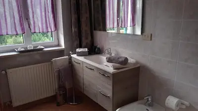 a bathroom with a sink and a toilet and windows at Residence Wiesenheim in Trodena