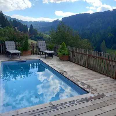 a swimming pool on a deck with a view of the mountains at Residence Wiesenheim in Trodena