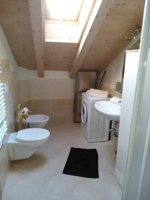 a bathroom with a toilet and two sinks and a window at Ciasa Savoy in Vigo di Fassa