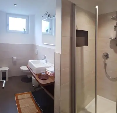 a bathroom with a shower and a sink at Haus Sonnegg in Marlengo