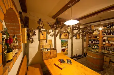 a room with a wooden table and bottles of wine at Gasthof Hotel Terzer in Cortaccia