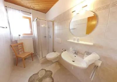 a bathroom with a sink and a toilet and a mirror at Grumserhof in Merano