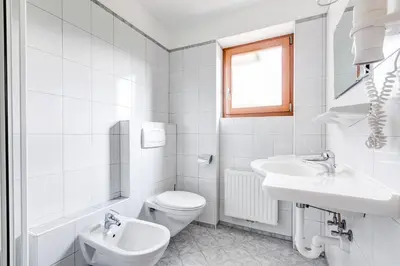 a white bathroom with a toilet and a sink at Pension Haus am See in Naz-Sciaves