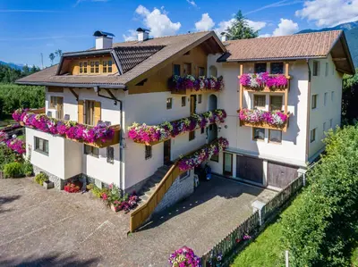 a house with flowers on the balconies at Pension Haus am See in Naz-Sciaves