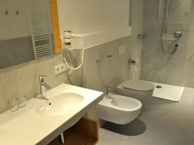 a bathroom with a sink and a toilet and a shower at Apartments Frieda in Valdaora