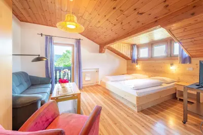 a bedroom with a bed and a couch in a room at Garni-Residence Villa Paul in Nova Ponente