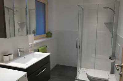 a bathroom with a sink and a toilet and a shower at Appartement Fischnaller in Mühlbach