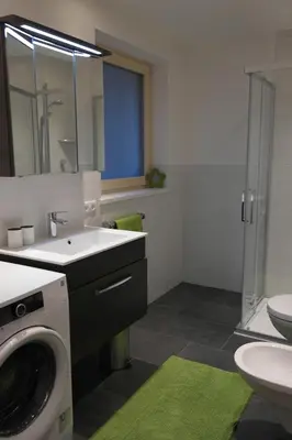 a bathroom with a washing machine and a sink at Appartement Fischnaller in Mühlbach