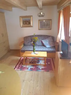 a living room with a couch and a coffee table at Cianbolpin Guesthouse in Canazei