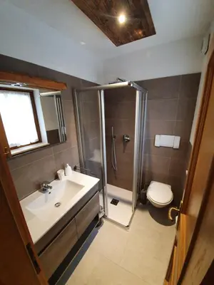 a bathroom with a shower and a sink and a toilet at Garni Eden Bed and breakfast in Soraga