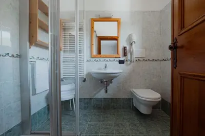 a bathroom with a sink and a toilet and a mirror at Dolomiti Sport Hotel in San Vito di Cadore