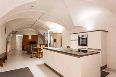 a kitchen and living room with an arched ceiling at Stay COOPER l Laubenhaus in Bolzano