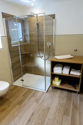 a shower with a glass door in a bathroom at Privatpension Bergkristall in San Martino