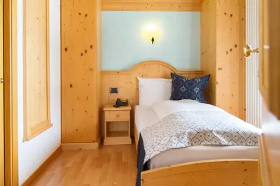 a bedroom with a bed and a desk and a television at Hotel Genzianella in Ziano di Fiemme