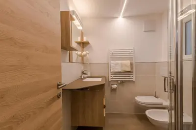 a bathroom with a sink and a toilet at Appartamenti Vilin in San Cassiano