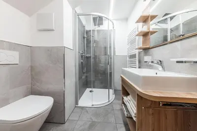 a bathroom with a shower and a toilet and a sink at Appartamenti Vilin in San Cassiano