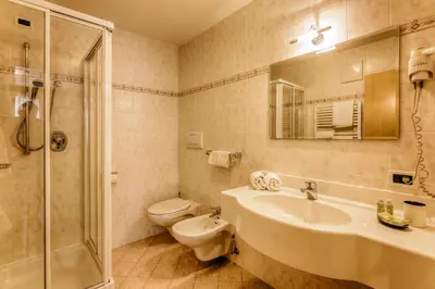 a bathroom with a sink and a shower and a toilet at Residence Telemark in Santa Cristina in Val Gardena