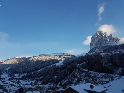 a view of a mountain with snow on it at Albert - Bon Di in Santa Cristina in Val Gardena