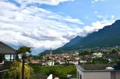 a view of a town with mountains in the background at Haus Klavenz in Caldaro