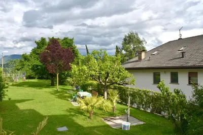 a yard of a house with trees and a building at Haus Klavenz in Caldaro