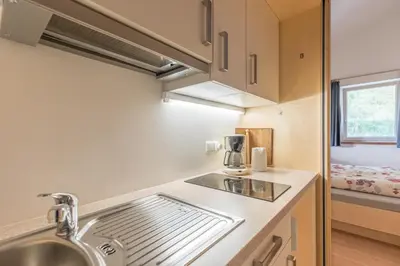 a kitchen with a sink and a counter top at Appartements Haus Pichler in Eggen