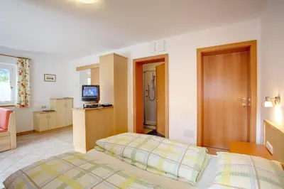 a hotel room with a bed and a television at Appartements Haus Pichler in Eggen