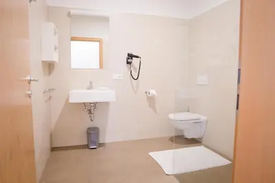 a bathroom with a toilet and a sink at Haller Hof in Tirolo