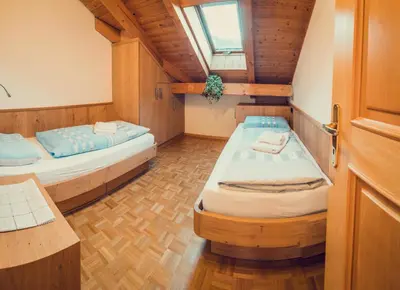two twin beds in a room with a window at Appartements Else in Ortisei