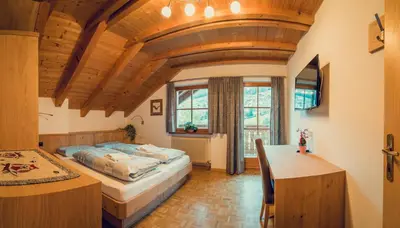 a bedroom with a bed and a desk in a room at Appartements Else in Ortisei