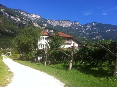a house on the side of a road with mountains at Ferienwohnung Eichnerhof in Magrè allʼ Adige