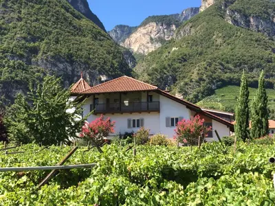 a house in a valley with mountains in the background at Ferienwohnung Eichnerhof in Magrè allʼ Adige