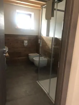 a bathroom with a toilet and a glass shower door at Tilde in Tesero