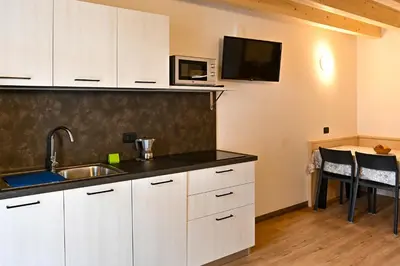 a kitchen with white cabinets and a sink and a microwave at Tilde in Tesero