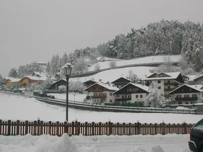 a green hill with snow covered mountains in the background at Gasthof Pizzeria Unterwirt in Collepietra