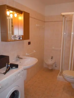 a bathroom with a sink and a washing machine at Cesa Stefi in Canazei