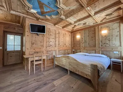 a bedroom with a bed and a desk and a tv at Apartment Dolavilla in Canazei