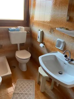 a bathroom with a toilet and a sink at Garni Cristallo in San Vigilio Di Marebbe