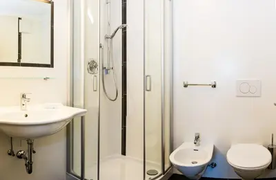 a bathroom with a shower and a sink and a toilet at Apartments Elise in Selva di Val Gardena