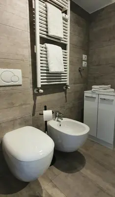 a bathroom with a white toilet and a sink at Appartamento Dolomiti in Selva di Val Gardena