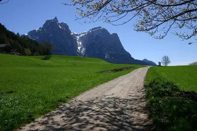 a dirt road in a field with mountains in the background at Hilpoldhof in Castelrotto