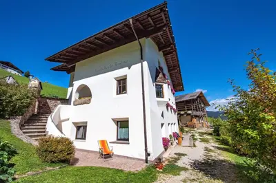 a white building with a large roof at Agriturismo Apartments Tuene in Ortisei